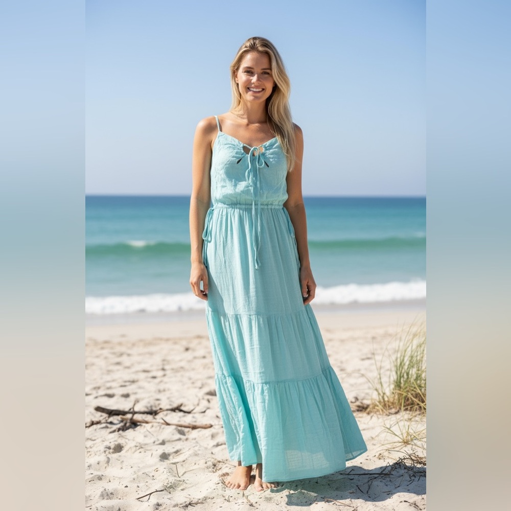 Backless Maxi Dress - Mint Blue Spaghetti Strap Beach Dress